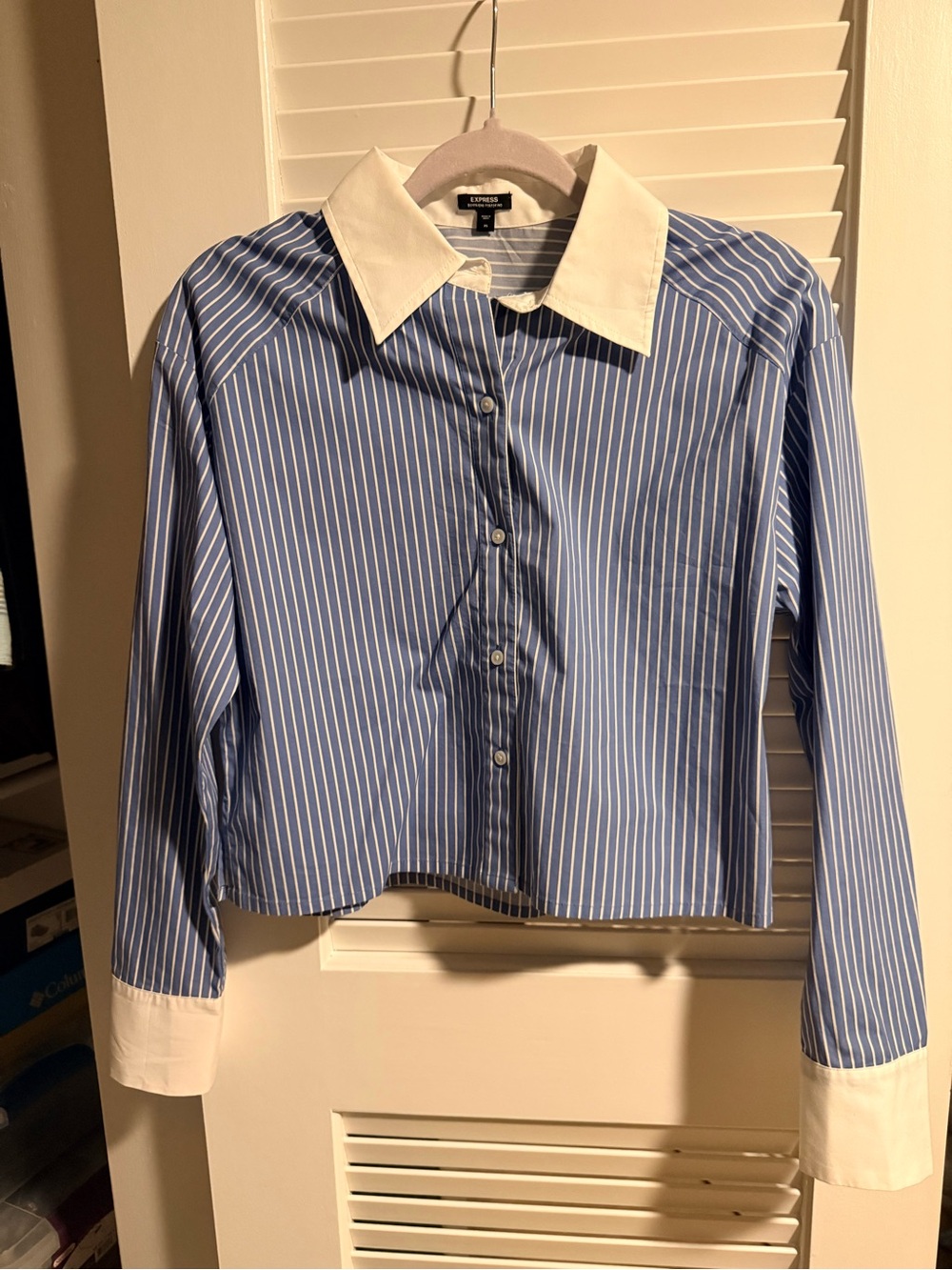 Express Blue & White Striped Crop Button-Up with White Collar